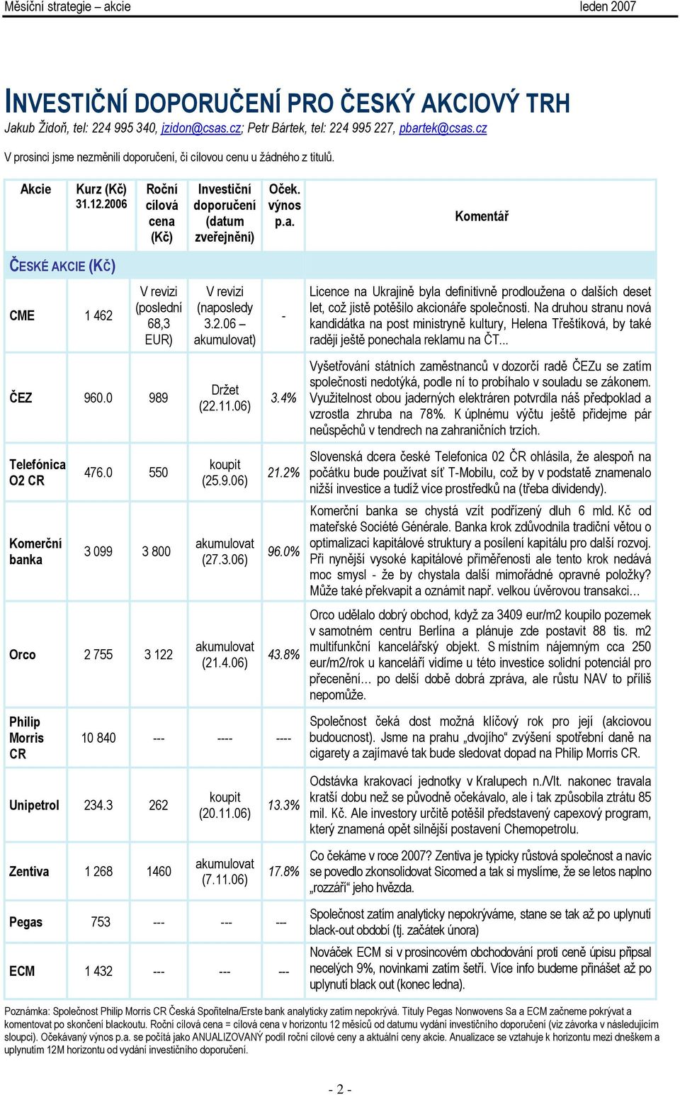 0 989 Telefónica O2 CR Komerční banka 476.0 550 3 099 3 800 Orco 2 755 3 122 Philip Morris CR Investiční doporučení (datum zveřejnění) V revizi (naposledy 3.2.06 akumulovat) Držet (22.11.