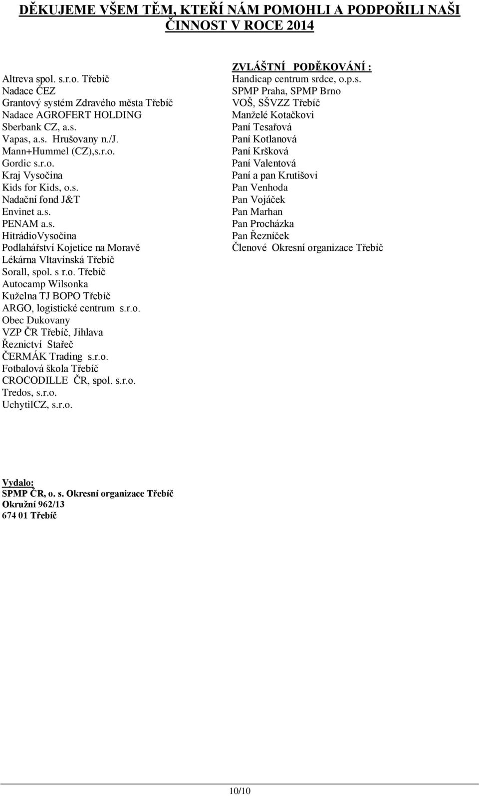 s r.o. Třebíč Autocamp Wilsonka Kuželna TJ BOPO Třebíč ARGO, logistické centrum s.r.o. Obec Dukovany VZP ČR Třebíč, Jihlava Řeznictví Stařeč ČERMÁK Trading s.r.o. Fotbalová škola Třebíč CROCODILLE ČR, spol.