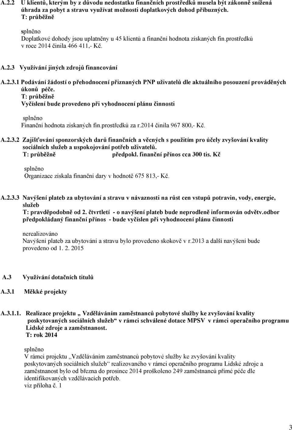 Využívání jiných zdrojů financování A.2.3.1 Podávání žádostí o přehodnocení přiznaných PNP uživatelů dle aktuálního posouzení prováděných úkonů péče.