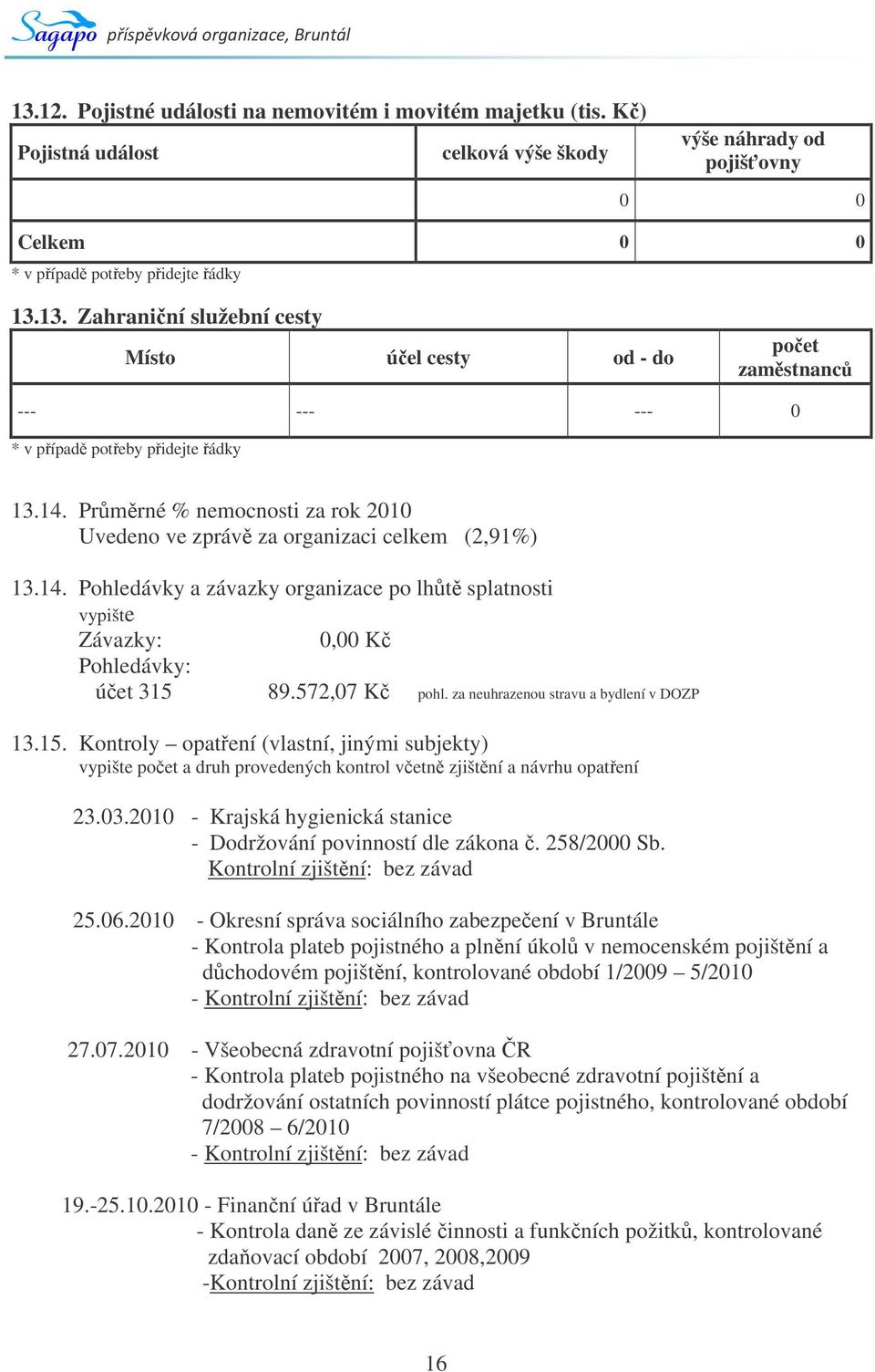 za neuhrazenou stravu a bydlení v DOZP 13.15. Kontroly opatení (vlastní, jinými subjekty) vypište poet a druh provedených kontrol vetn zjištní a návrhu opatení 23.03.