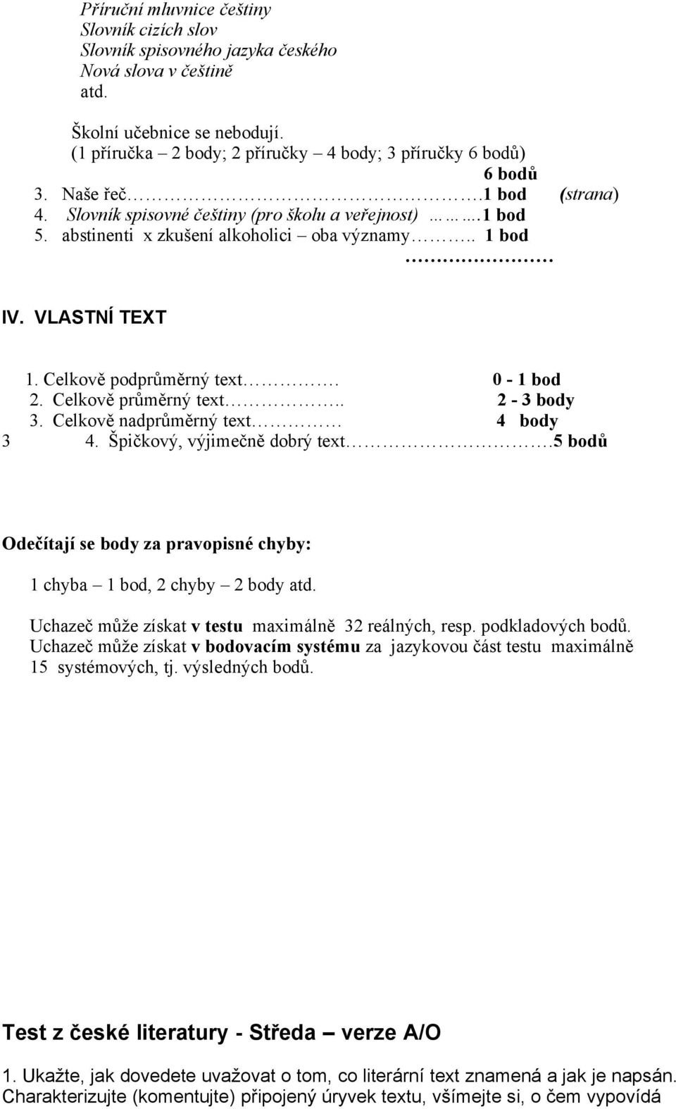 . 1 bod IV. VLASTNÍ TEXT 1. Celkově podprůměrný text. 0-1 bod 2. Celkově průměrný text.. 2-3 body 3. Celkově nadprůměrný text 4 body 3 4. Špičkový, výjimečně dobrý text.