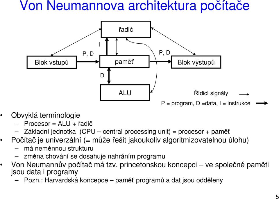 univerzální (= může řešit jakoukoliv algoritmizovatelnou úlohu) má neměnnou strukturu změna chování se dosahuje nahráním programu Von