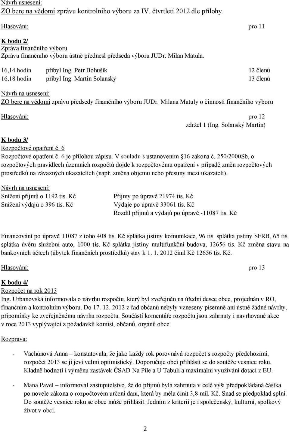 Martin Solanský 13 členů ZO bere na vědomí zprávu předsedy finančního výboru JUDr. Milana Matuly o činnosti finančního výboru Hlasování: pro 12 zdržel 1 (Ing.