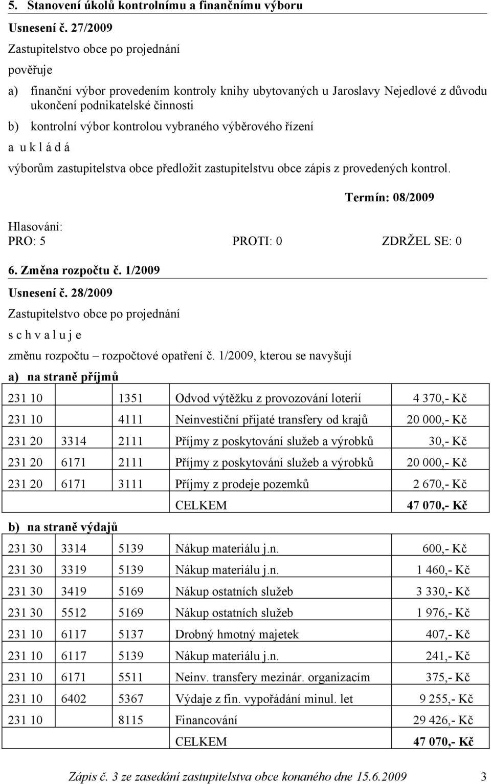 l á d á výborům zastupitelstva obce předložit zastupitelstvu obce zápis z provedených kontrol. Termín: 08/2009 6. Změna rozpočtu č. 1/2009 Usnesení č. 28/2009 změnu rozpočtu rozpočtové opatření č.