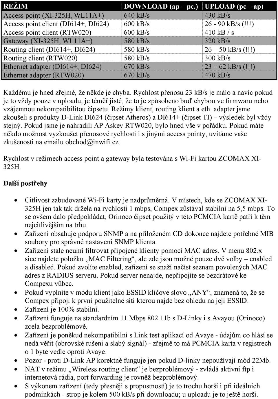 !!) Routing client (RTW020) 580 kb/s 300 kb/s Ethernet adapter (DI614+, DI624) 670 kb/s 23 62 kb/s (!!!) Ethernet adapter (RTW020) 670 kb/s 470 kb/s Každému je hned zřejmé, že někde je chyba.