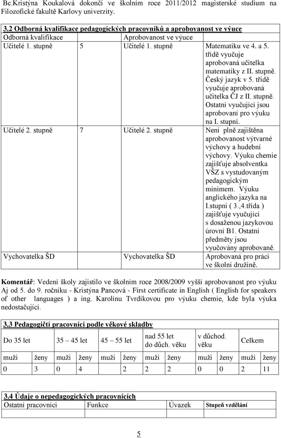 třídě vyučuje aprobovaná učitelka matematiky z II. stupně. Český jazyk v 5. třídě vyučuje aprobovaná učitelka ČJ z II. stupně. Ostatní vyučující jsou aprobovaní pro výuku na I. stupni. Učitelé 2.