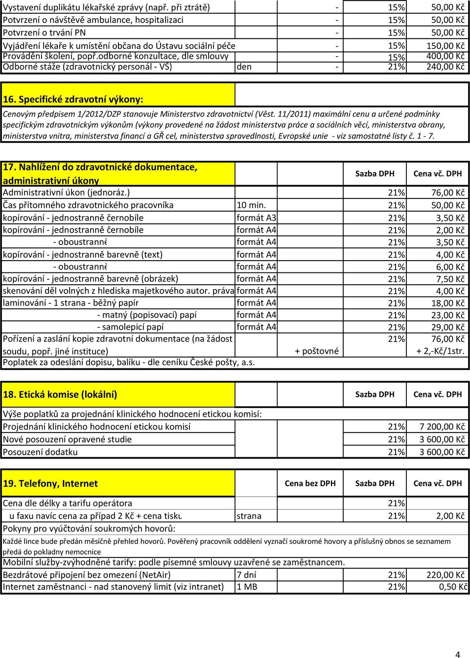 Provádění školení, popř.odborné konzultace, dle smlouvy - 15% 400,00 Kč Odborné stáže (zdravotnický personál - VŠ) den - 21% 240,00 Kč 16.