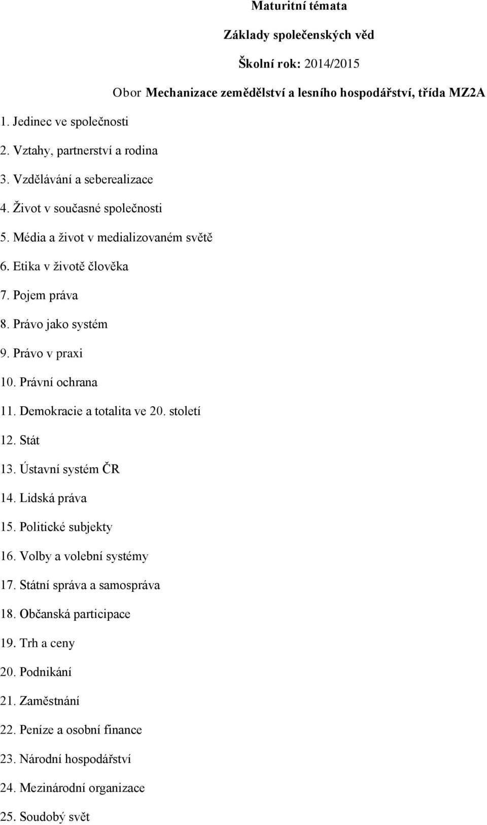 Právní ochrana 11. Demokracie a totalita ve 20. století 12. Stát 13. Ústavní systém ČR 14. Lidská práva 15. Politické subjekty 16. Volby a volební systémy 17.