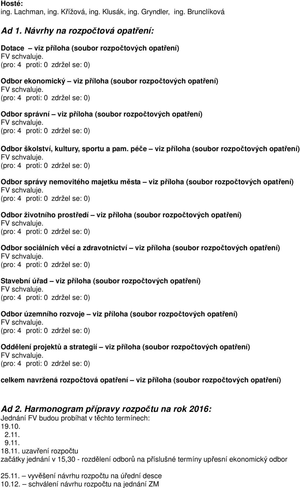 (pro: 4 proti: 0 zdržel se: 0) Odbor správní viz příloha (soubor rozpočtových opatření) FV schvaluje. (pro: 4 proti: 0 zdržel se: 0) Odbor školství, kultury, sportu a pam.