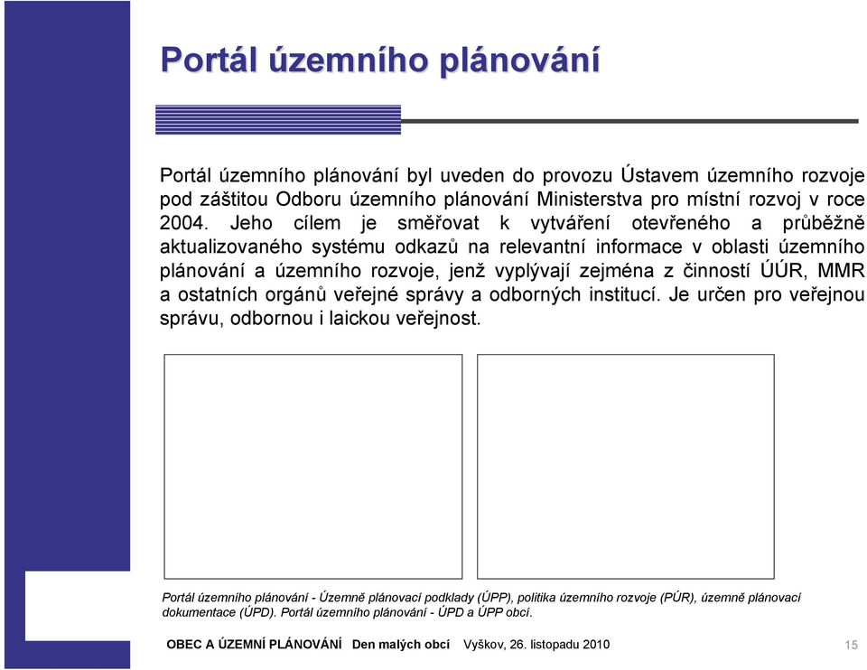 Jeho cílem je směřovat k vytváření otevřeného a průběžně aktualizovaného systému odkazů na relevantní informace v oblasti územního plánování a územního rozvoje, jenž