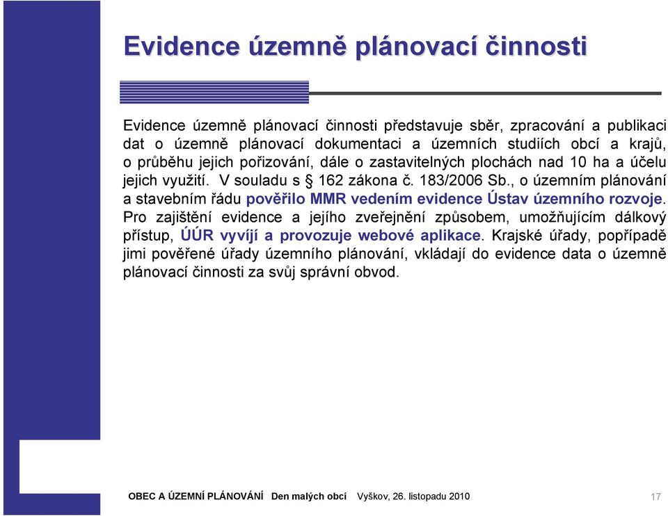 , o územním plánování a stavebním řádu pověřilo MMR vedením evidence Ústav územního rozvoje.