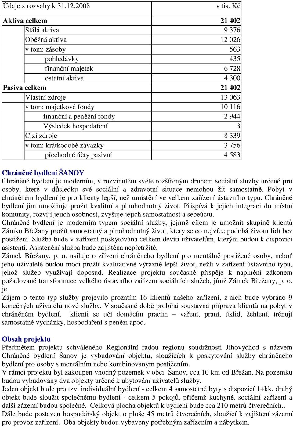 majetkové fondy 10 116 finanční a peněžní fondy 2 944 Výsledek hospodaření 3 Cizí zdroje 8 339 v tom: krátkodobé závazky 3 756 přechodné účty pasivní 4 583 Chráněné bydlení ŠANOV Chráněné bydlení je