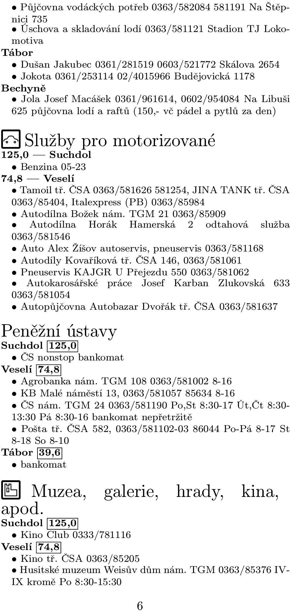 74,8 Veselí Tamoil tř. ČSA 0363/581626 581254, JINA TANK tř. ČSA 0363/85404, Italexpress (PB) 0363/85984 Autodílna Božek nám.