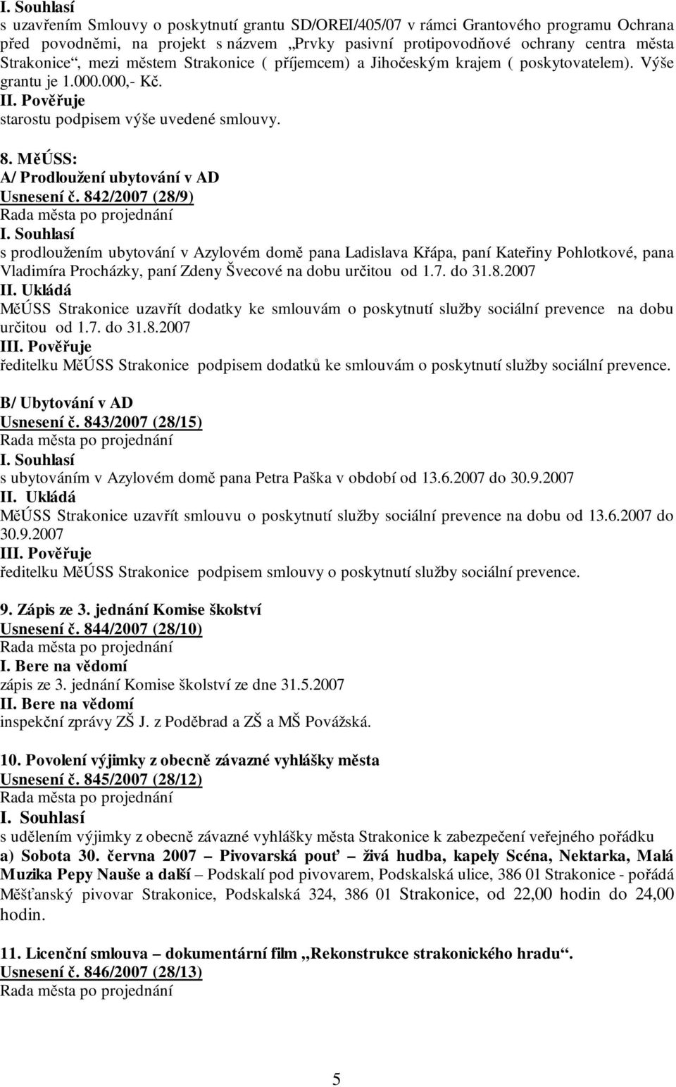 842/2007 (28/9) s prodloužením ubytování v Azylovém domě pana Ladislava Křápa, paní Kateřiny Pohlotkové, pana Vladimíra Procházky, paní Zdeny Švecové na dobu určitou od 1.7. do 31.8.2007 II.