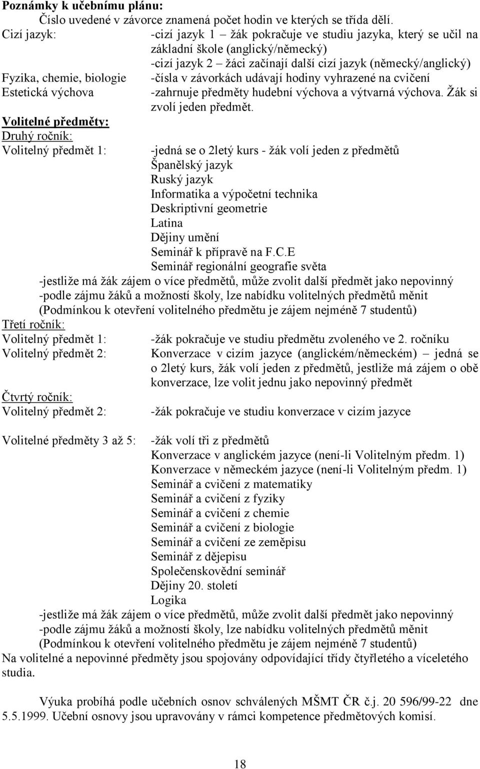 -čísla v závorkách udávají hodiny vyhrazené na cvičení Estetická výchova -zahrnuje předměty hudební výchova a výtvarná výchova. Žák si zvolí jeden předmět.