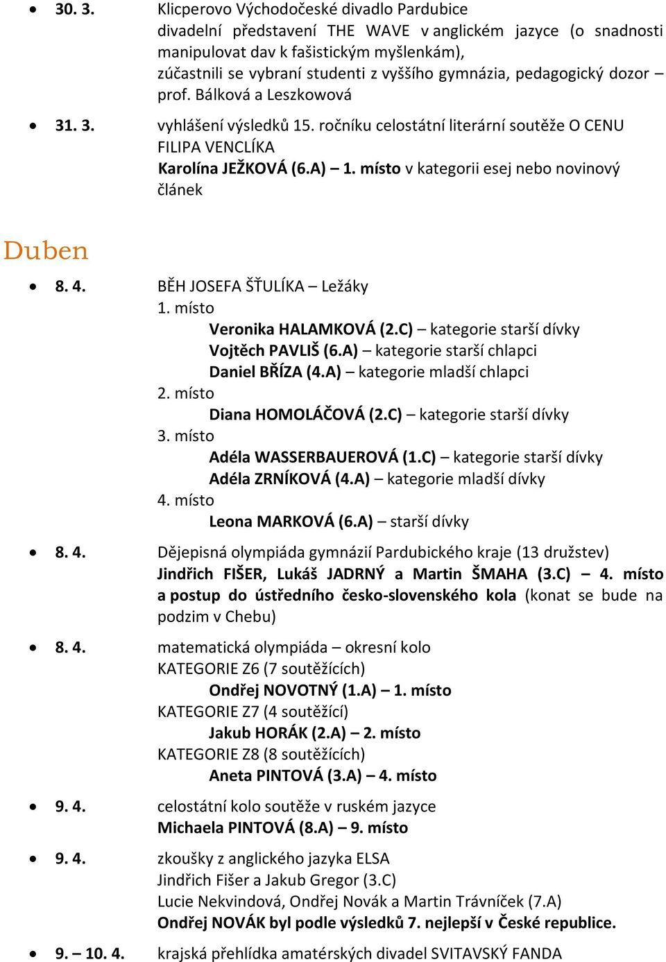 pedagogický dozor prof. Bálková a Leszkowová 31. 3. vyhlášení výsledků 15. ročníku celostátní literární soutěže O CENU FILIPA VENCLÍKA Karolína JEŽKOVÁ (6.A) 1.