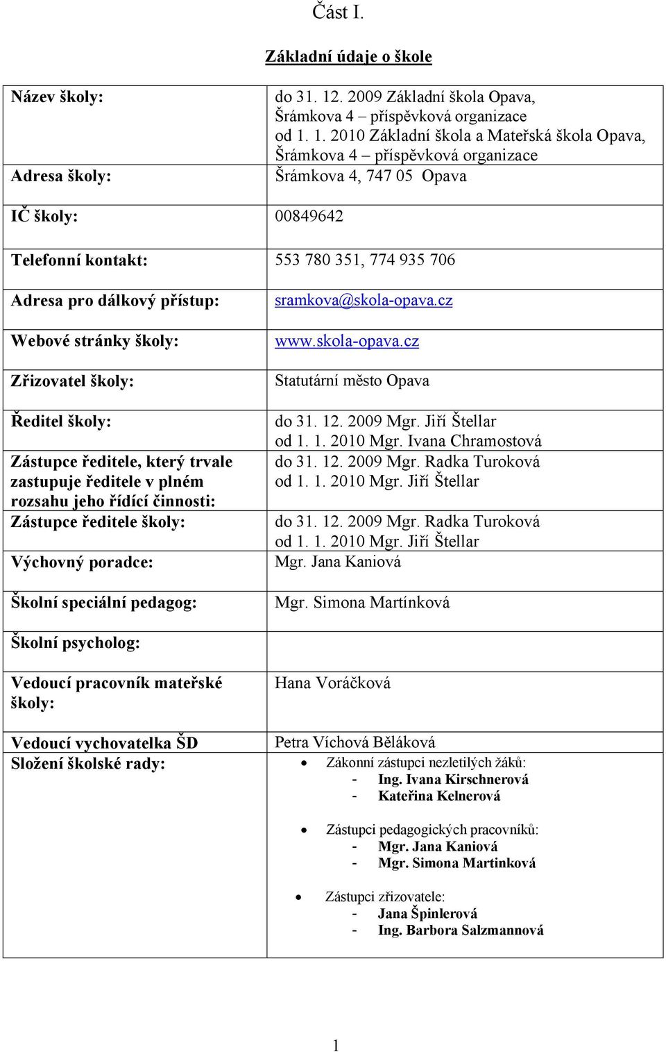 1. 2010 Základní škola a Mateřská škola Opava, Šrámkova 4 příspěvková organizace Šrámkova 4, 747 05 Opava IČ školy: 00849642 Telefonní kontakt: 553 780 351, 774 935 706 Adresa pro dálkový přístup: