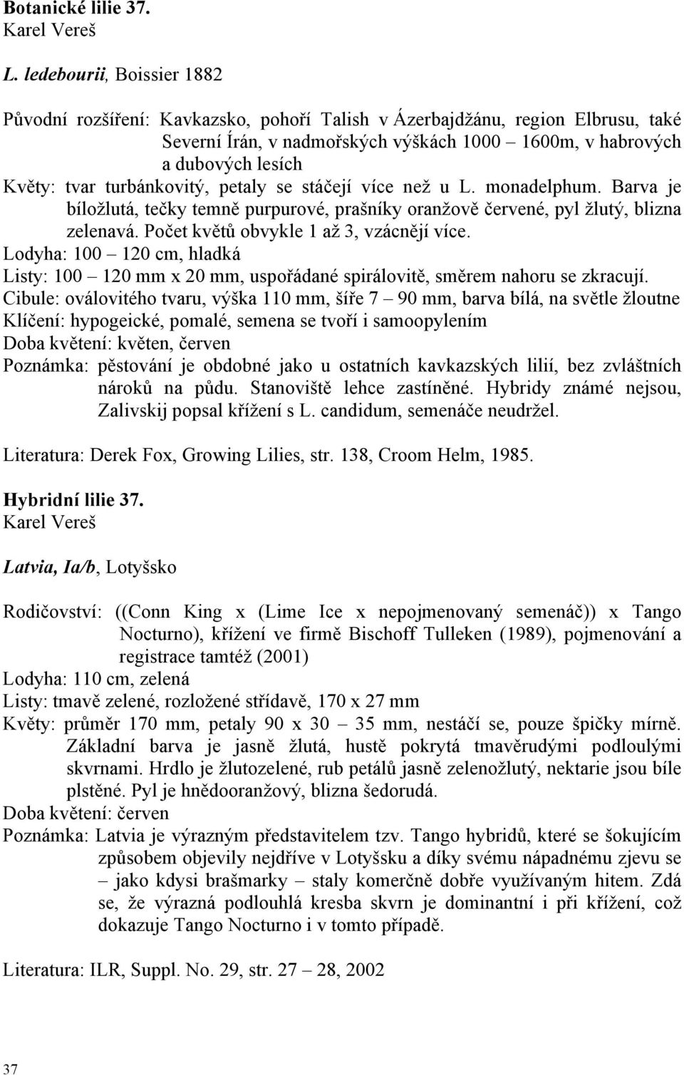 turbánkovitý, petaly se stáčejí více než u L. monadelphum. Barva je bíložlutá, tečky temně purpurové, prašníky oranžově červené, pyl žlutý, blizna zelenavá. Počet květů obvykle 1 až 3, vzácnějí více.