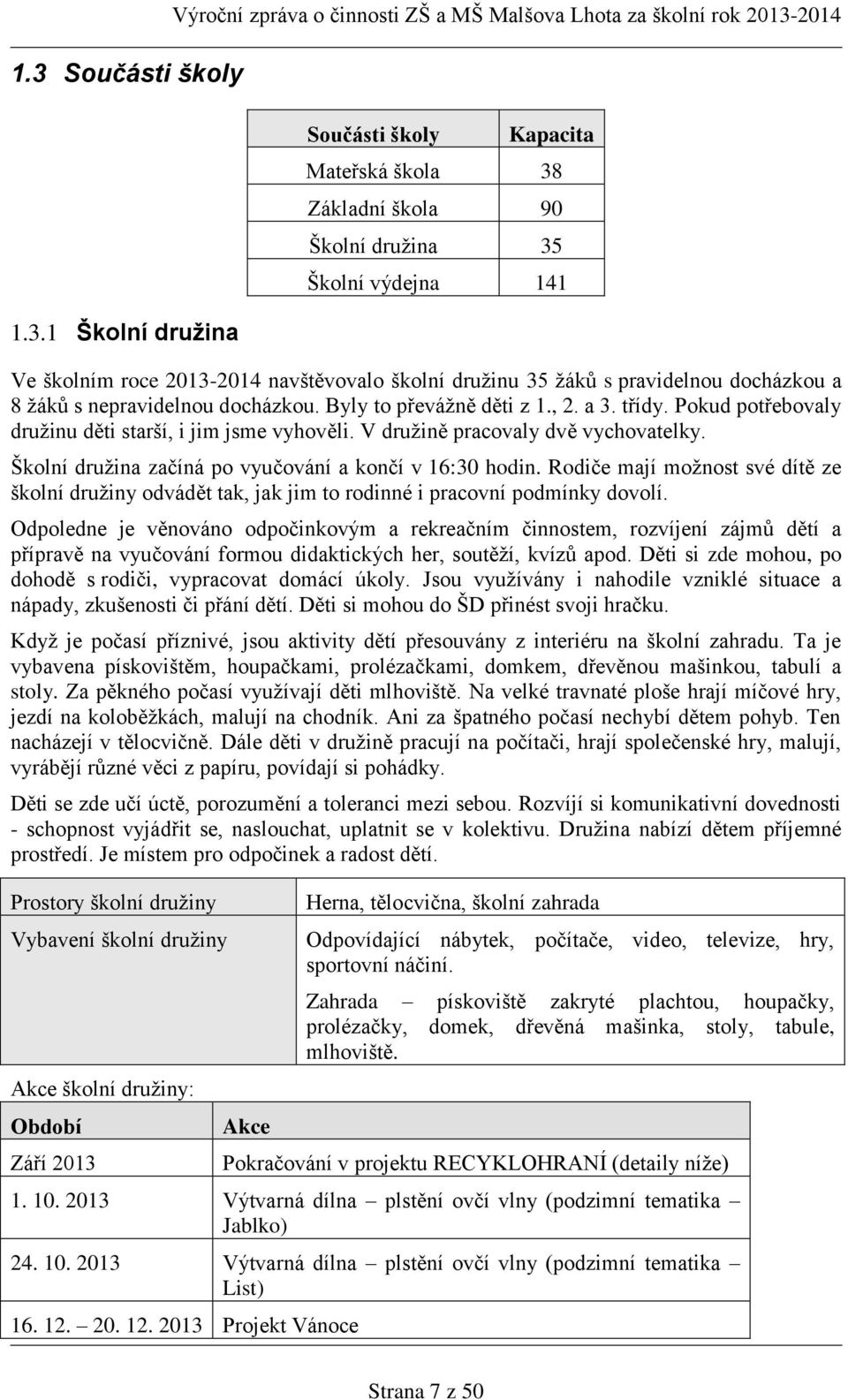 Pokud potřebovaly družinu děti starší, i jim jsme vyhověli. V družině pracovaly dvě vychovatelky. Školní družina začíná po vyučování a končí v 16:30 hodin.