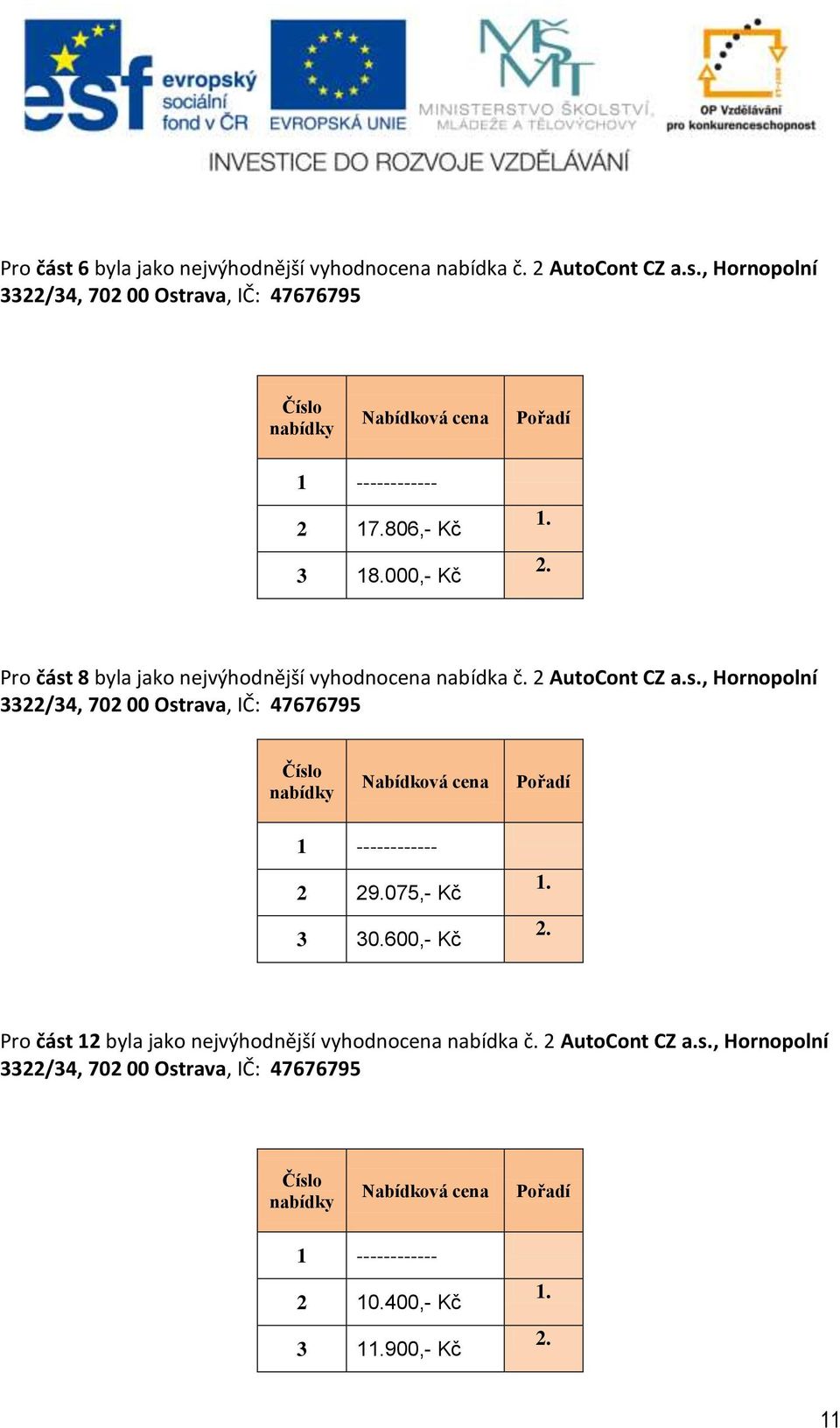 000,- Kč Pro část 8 byla jako nejvýhodnější vyhodnocena nabídka č.
