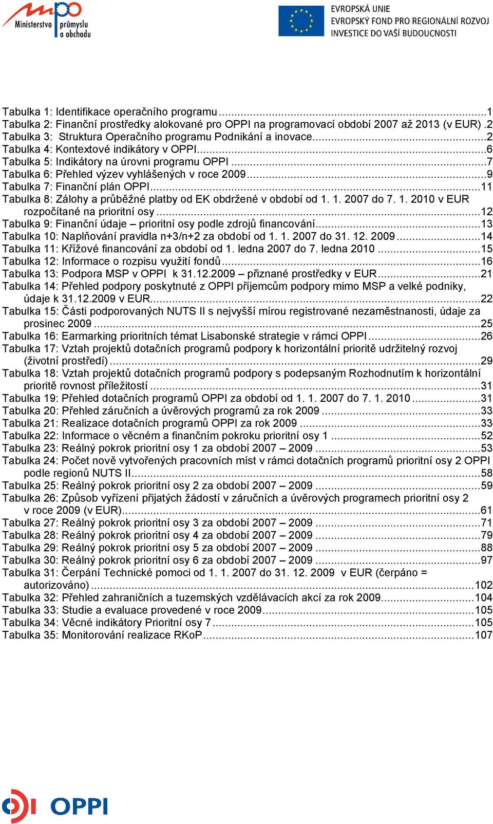 ..7 Tabulka 6: Přehled výzev vyhlášených v roce 2009...9 Tabulka 7: Finanční plán OPPI...11 Tabulka 8: Zálohy a průběžné platby od EK obdržené v období od 1. 1. 2007 do 7. 1. 2010 v EUR rozpočítané na prioritní osy.