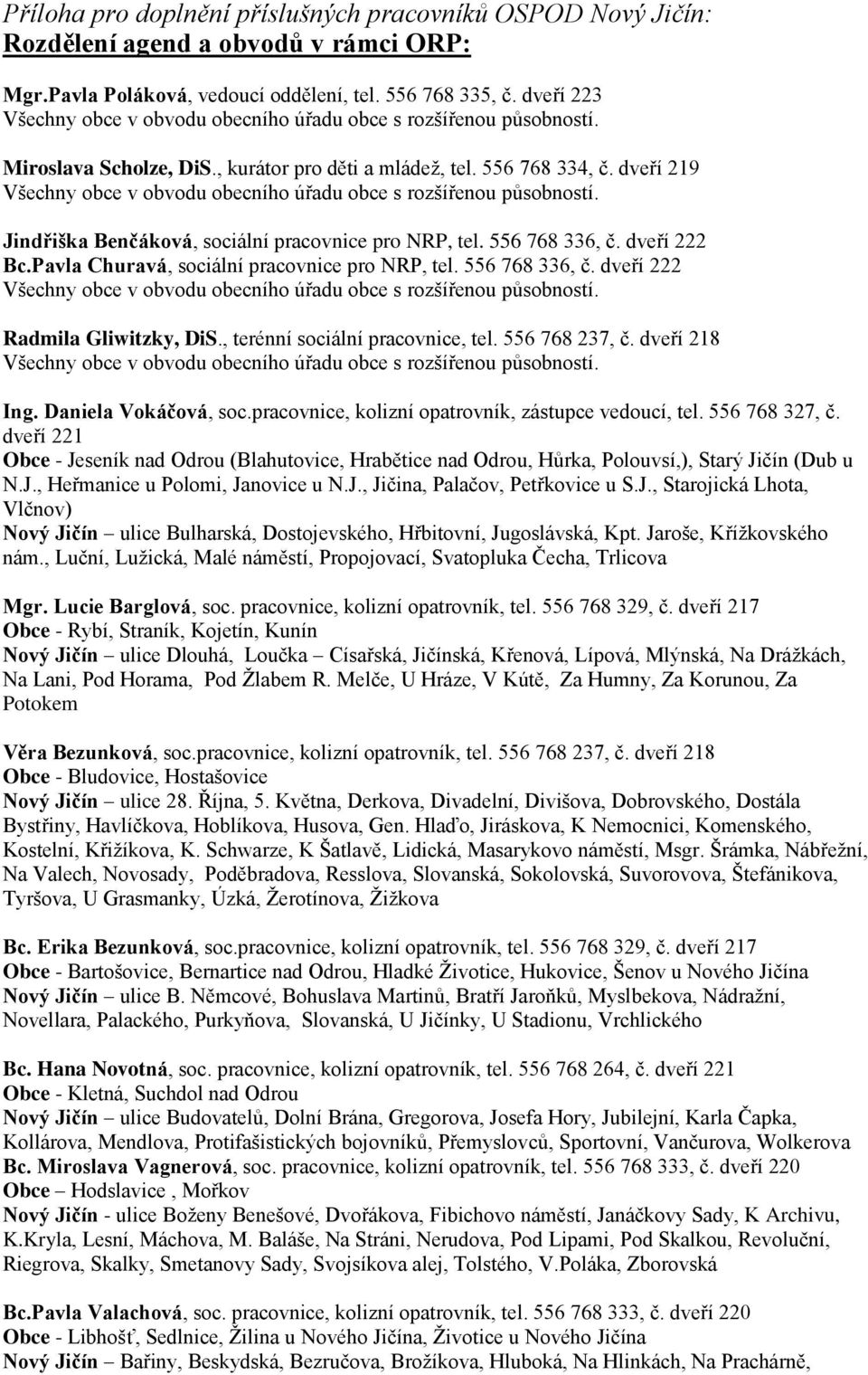dveří 219 Všechny obce v obvodu obecního úřadu obce s rozšířenou působností. Jindřiška Benčáková, sociální pracovnice pro NRP, tel. 556 768 336, č. dveří 222 Bc.