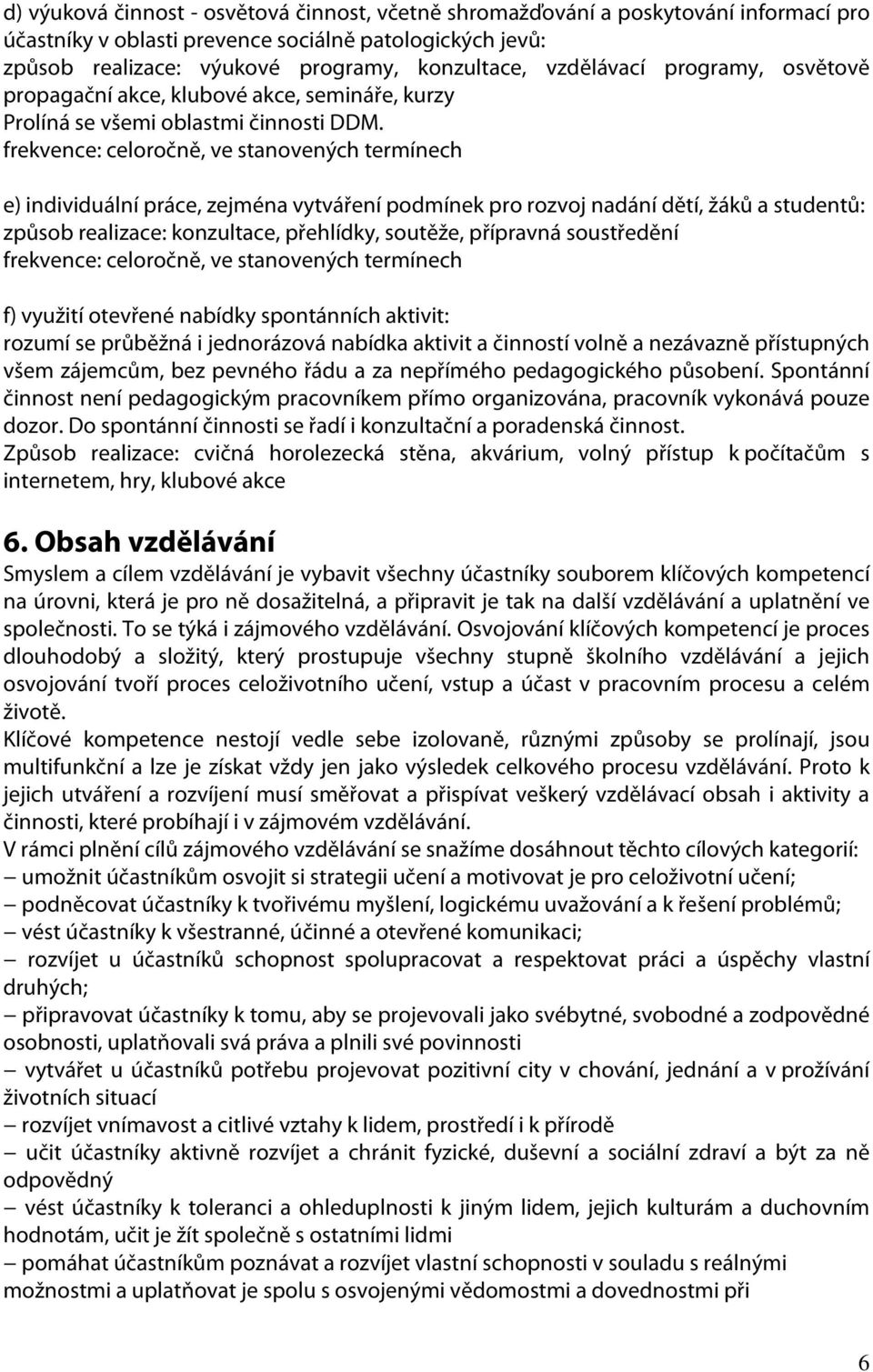 frekvence: celoročně, ve stanovených termínech e) individuální práce, zejména vytváření podmínek pro rozvoj nadání dětí, žáků a studentů: způsob realizace: konzultace, přehlídky, soutěže, přípravná