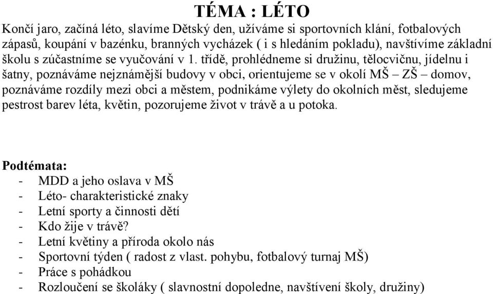 třídě, prohlédneme si družinu, tělocvičnu, jídelnu i šatny, poznáváme nejznámější budovy v obci, orientujeme se v okolí MŠ ZŠ domov, poznáváme rozdíly mezi obci a městem, podnikáme výlety do okolních