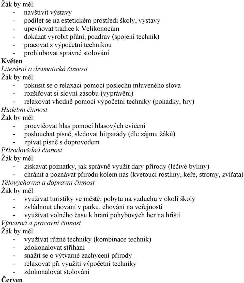 procvičovat hlas pomocí hlasových cvičení - poslouchat písně, sledovat hitparády (dle zájmu žáků) - zpívat písně s doprovodem - získávat poznatky, jak správně využít dary přírody (léčivé byliny) -