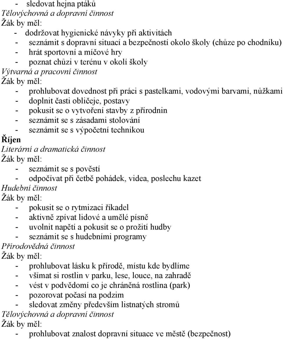 - seznámit se s výpočetní technikou Říjen - seznámit se s pověstí - odpočívat při četbě pohádek, videa, poslechu kazet - pokusit se o rytmizaci říkadel - aktivně zpívat lidové a umělé písně - uvolnit