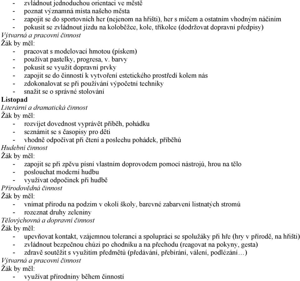 barvy - pokusit se využít dopravní prvky - zapojit se do činností k vytvoření estetického prostředí kolem nás - zdokonalovat se při používání výpočetní techniky - snažit se o správné stolování