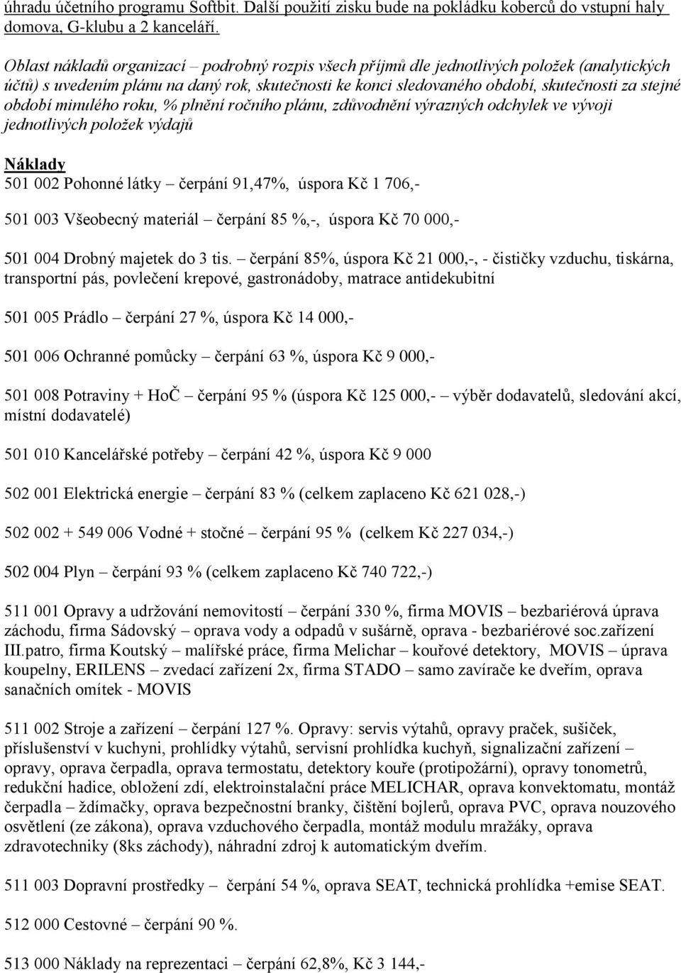 minulého roku, % plnění ročního plánu, zdůvodnění výrazných odchylek ve vývoji jednotlivých položek výdajů Náklady 501 002 Pohonné látky čerpání 91,47%, úspora Kč 1 706, 501 003 Všeobecný materiál