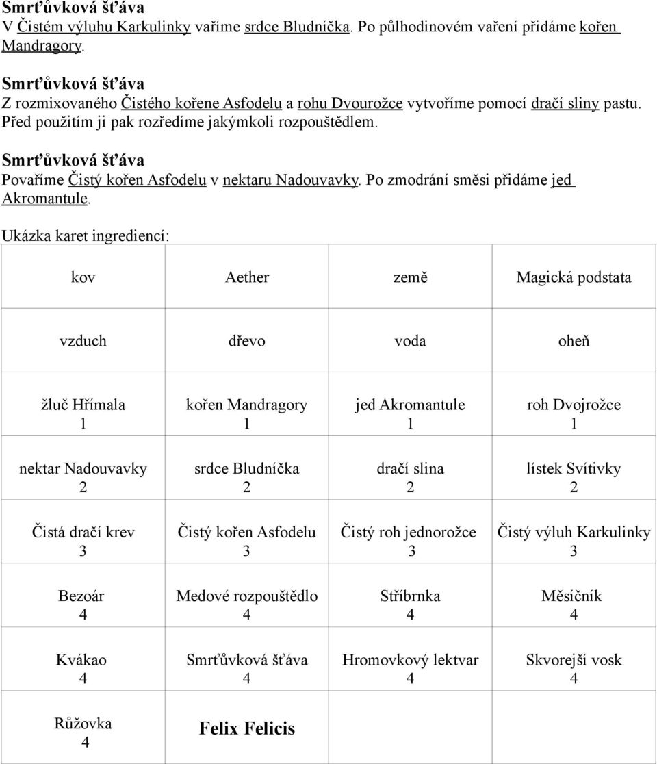 Smrťůvková šťáva Povaříme Čistý kořen Asfodelu v nektaru Nadouvavky. Po zmodrání směsi přidáme jed Akromantule.