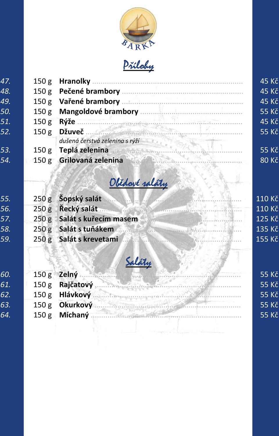 .. 80 Kč Obědové saláty 55. 250 g Šopský salát... 110 Kč 56. 250 g Řecký salát... 110 Kč 57. 250 g Salát s kuřecím masem... 125 Kč 58. 250 g Salát s tuňákem.