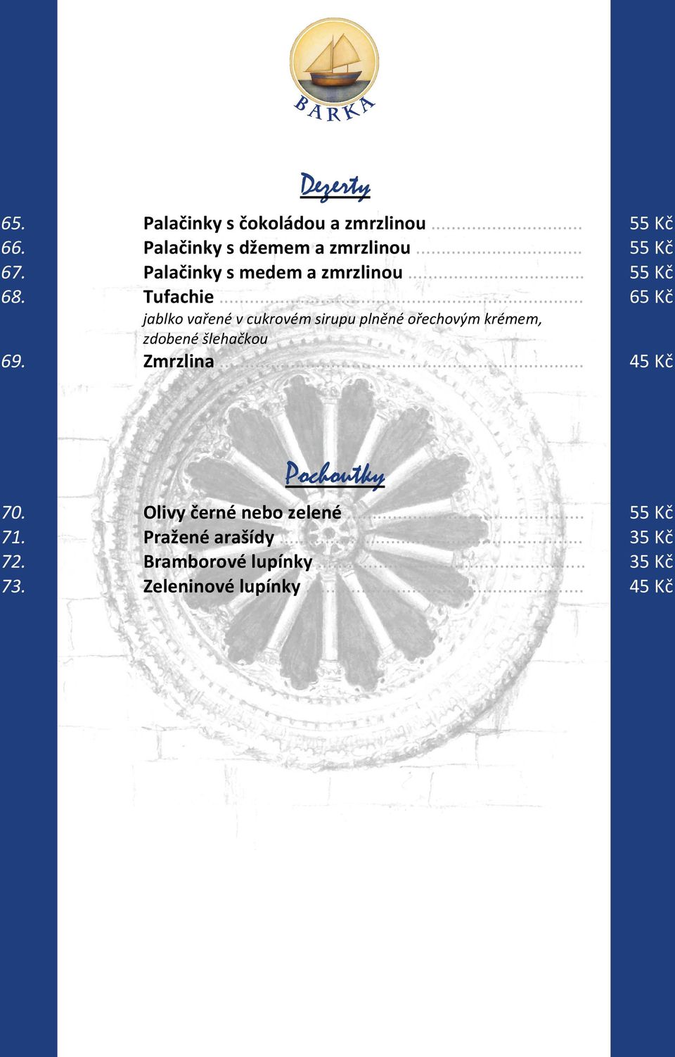 .. 65 Kč jablko vařené v cukrovém sirupu plněné ořechovým krémem, zdobené šlehačkou 69. Zmrzlina.