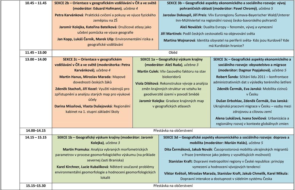 Kateřina Batelková: Družicové atlasy jako učební pomůcka ve výuce geografie Jan Kopp, Lukáš Černík, Marek Ulip: Environmentální rizika a geografické vzdělávání 11.45 13.00 Oběd 13.00 14.