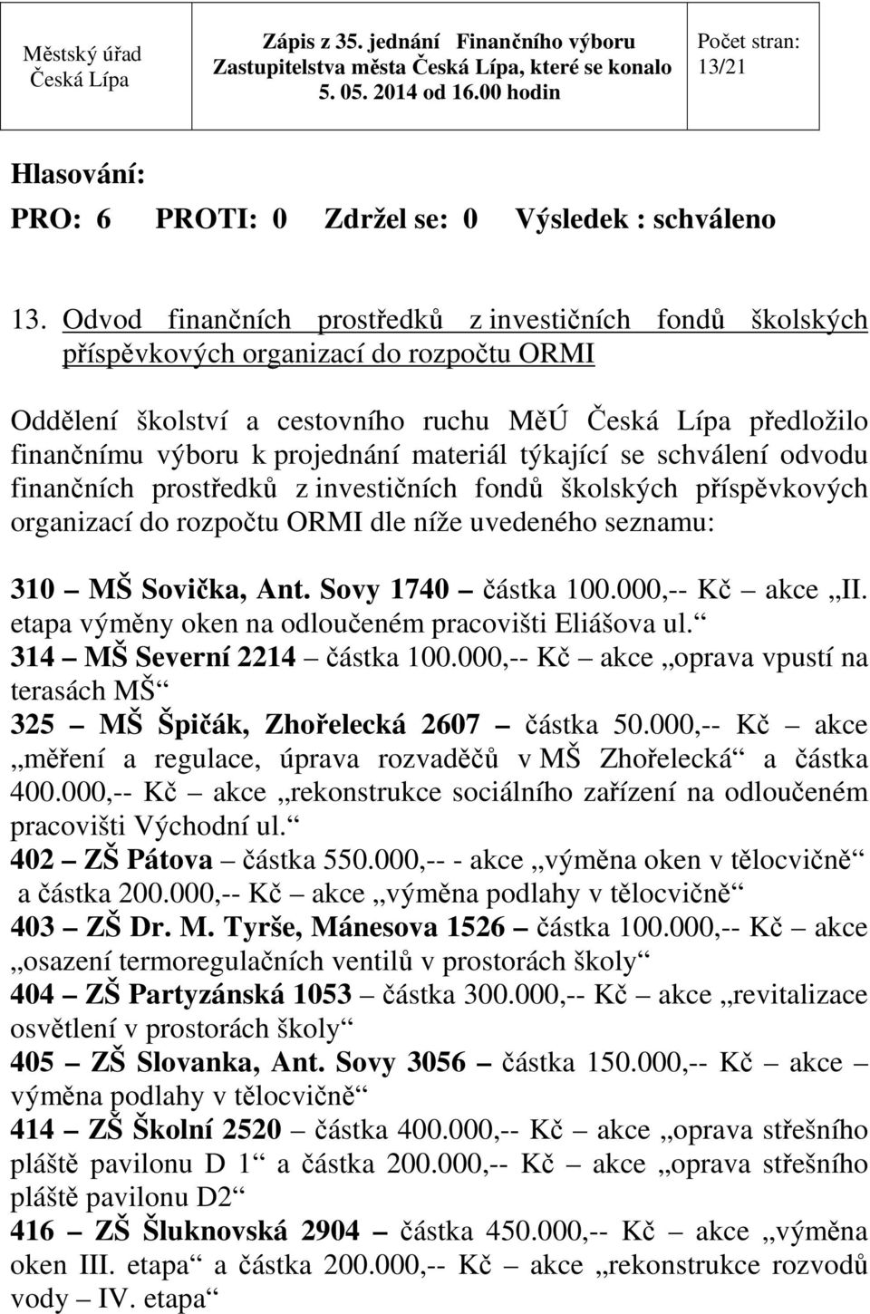 týkající se schválení odvodu finančních prostředků z investičních fondů školských příspěvkových organizací do rozpočtu ORMI dle níže uvedeného seznamu: 310 MŠ Sovička, Ant. Sovy 1740 částka 100.