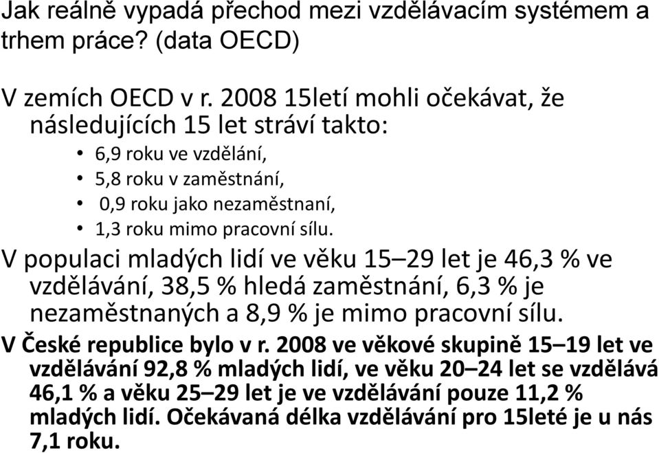 sílu. V populaci mladých lidí ve věku 15 29 let je 46,3 % ve vzdělávání, 38,5 % hledá zaměstnání, 6,3 % je nezaměstnaných a 8,9 % je mimo pracovní sílu.