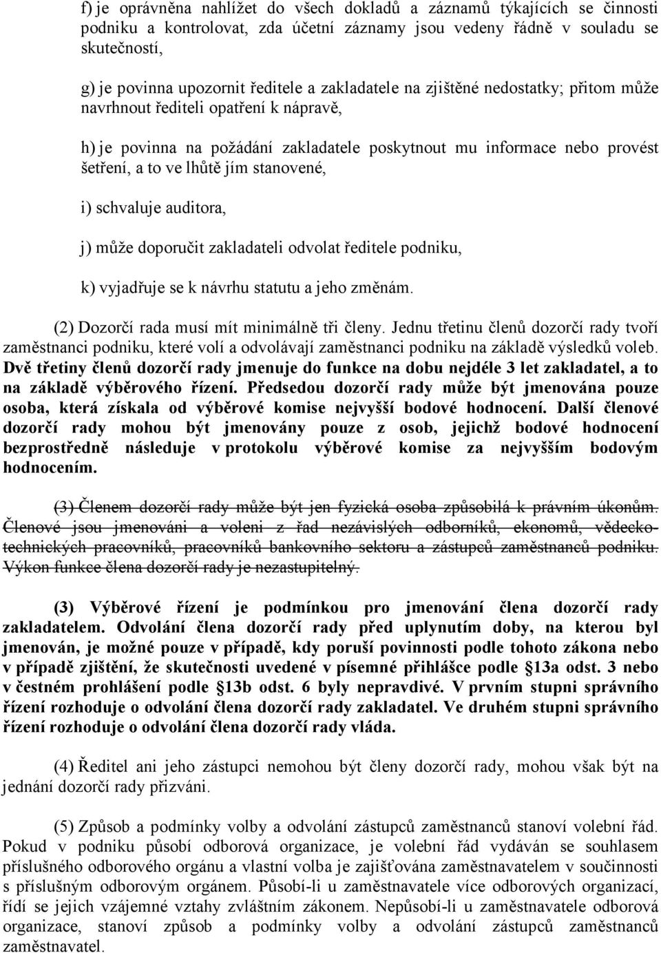 i) schvaluje auditora, j) může doporučit zakladateli odvolat ředitele podniku, k) vyjadřuje se k návrhu statutu a jeho změnám. (2) Dozorčí rada musí mít minimálně tři členy.