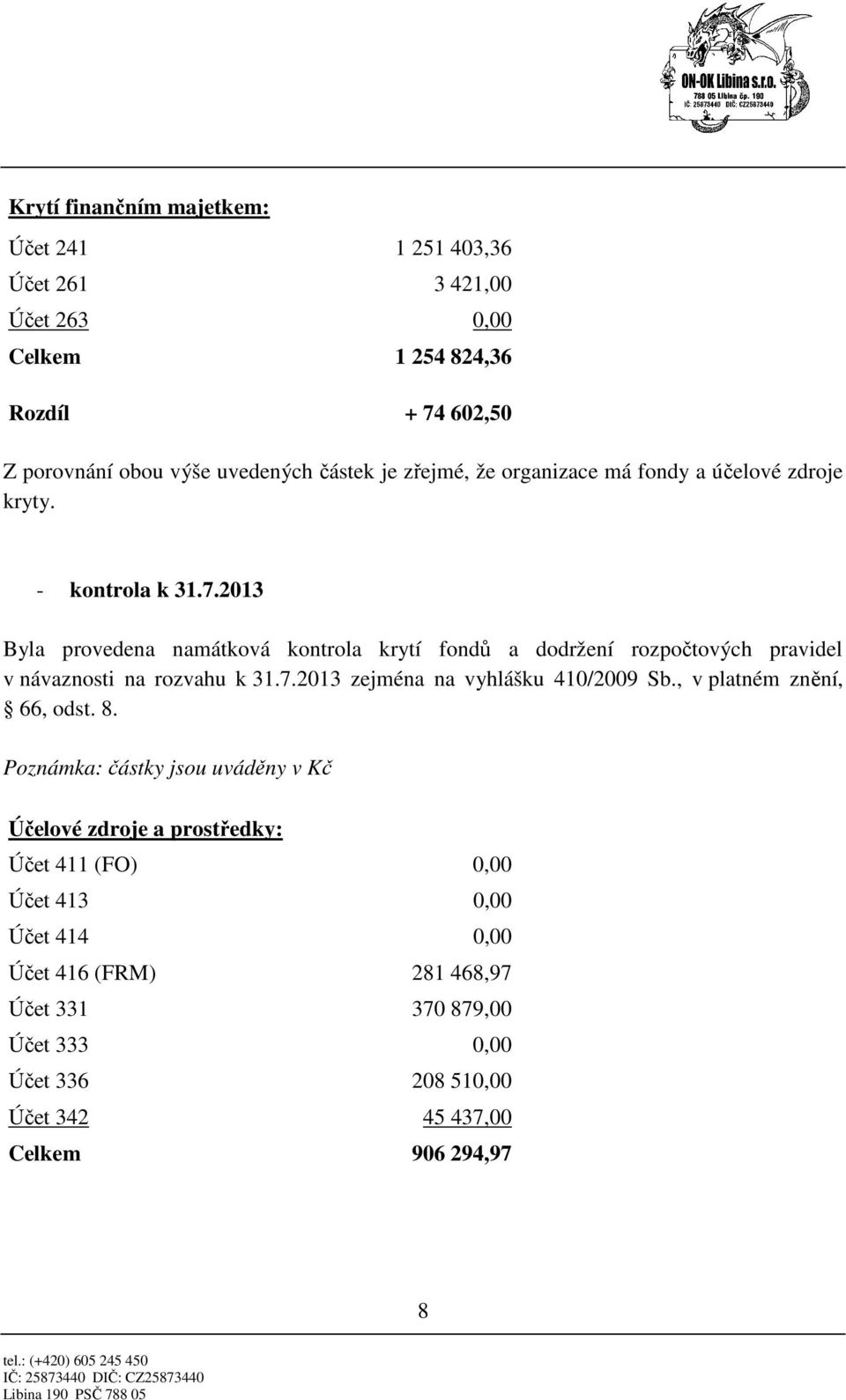 2013 Byla provedena namátková kontrola krytí fondů a dodržení rozpočtových pravidel v návaznosti na rozvahu k 31.7.2013 zejména na vyhlášku 410/2009 Sb.