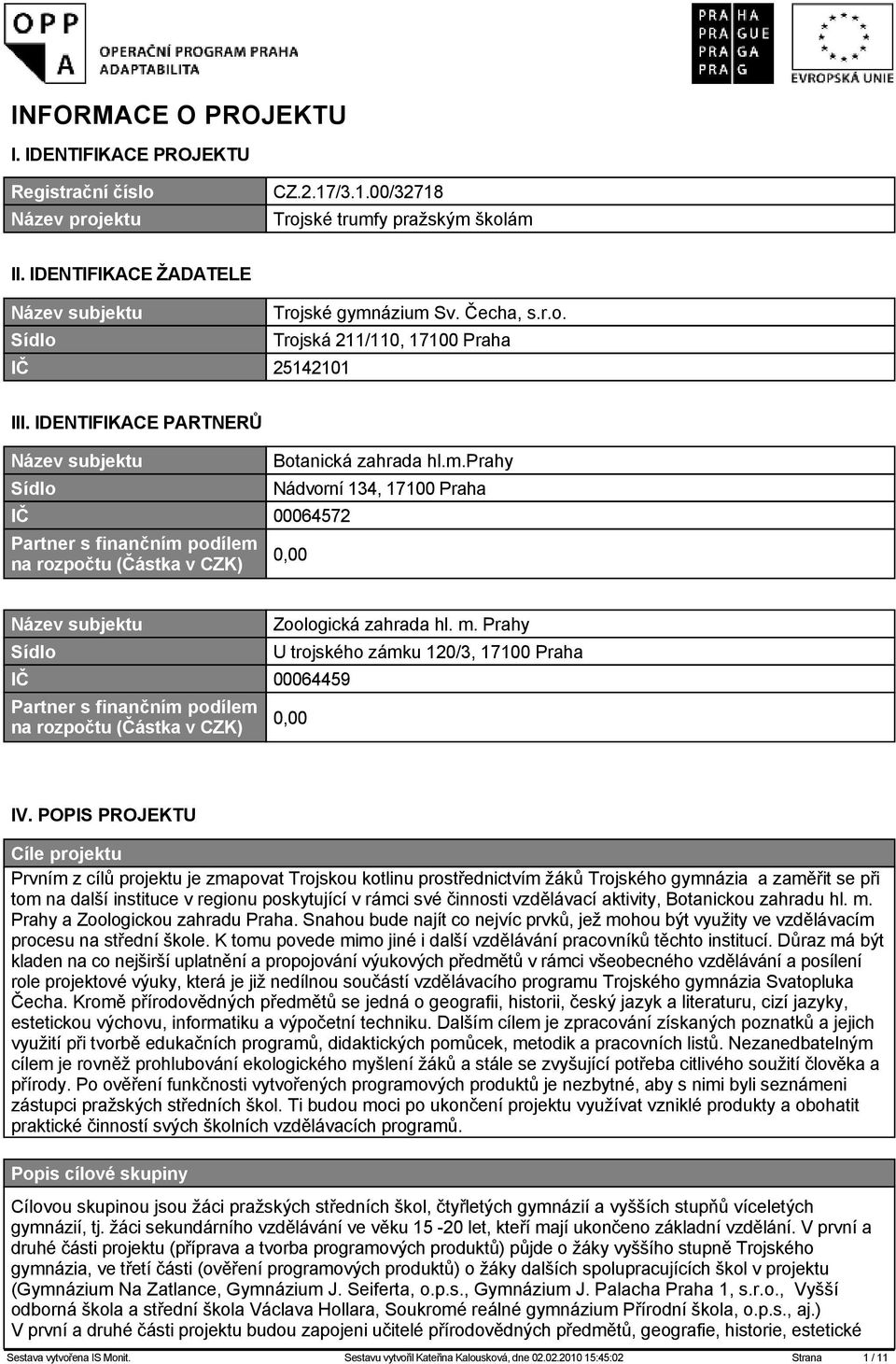 podílem na rozpočtu (Částka v CZK) Botanická zahrada hl.m.prahy Nádvorní 134, 17100 Praha 0,00 Sídlo IČ 00064459 Partner s finančním podílem na rozpočtu (Částka v CZK) Zoologická zahrada hl. m.