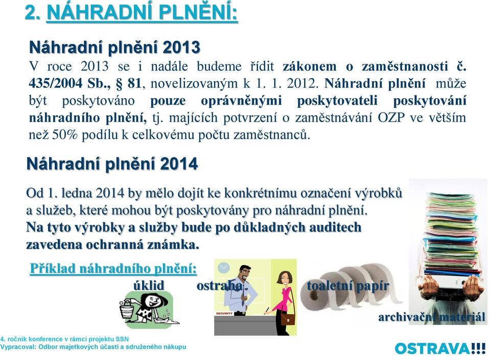 majících potvrzení o zaměstnávání OZP ve větším než 50% podílu k celkovému počtu zaměstnanců. Náhradní plnění 2014 Od 1.