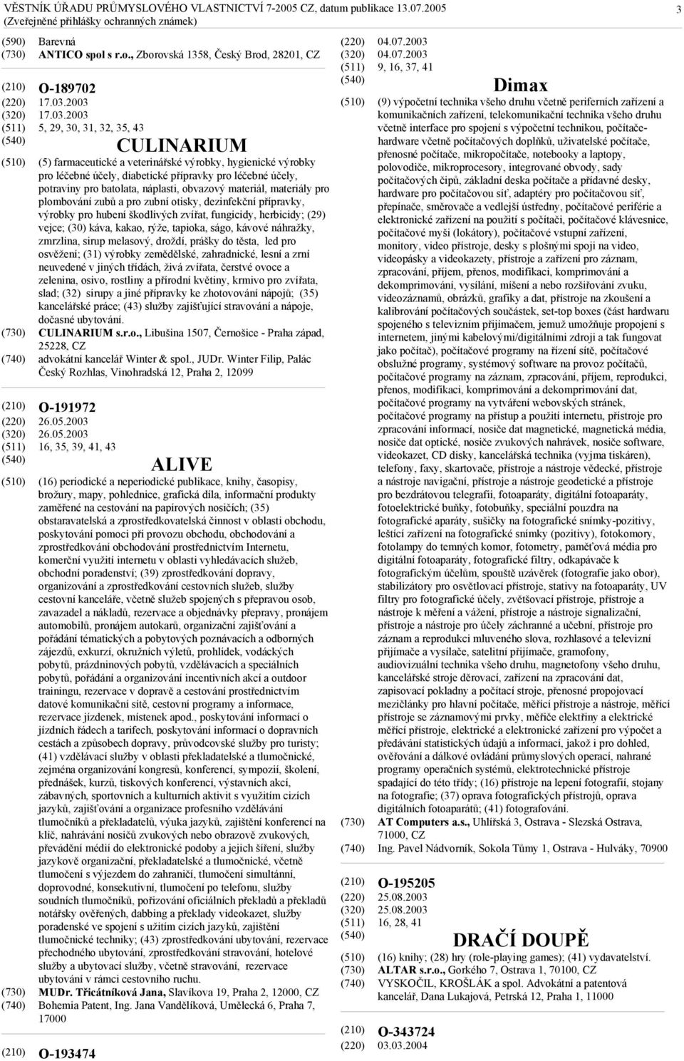 2003 16, 35, 39, 41, 43 O-193474 CULINARIUM (5) farmaceutické a veterinářské výrobky, hygienické výrobky pro léčebné účely, diabetické přípravky pro léčebné účely, potraviny pro batolata, náplasti,