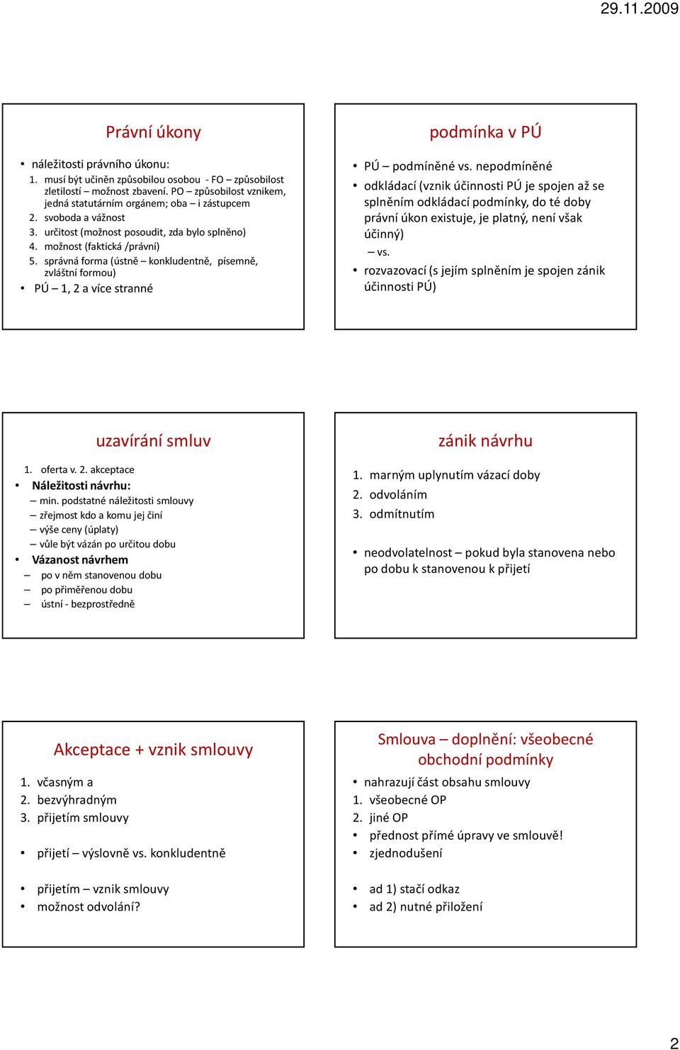 správná forma (ústně konkludentně, písemně, zvláštní formou) PÚ 1, 2 a více stranné podmínka v PÚ PÚ podmíněné vs.