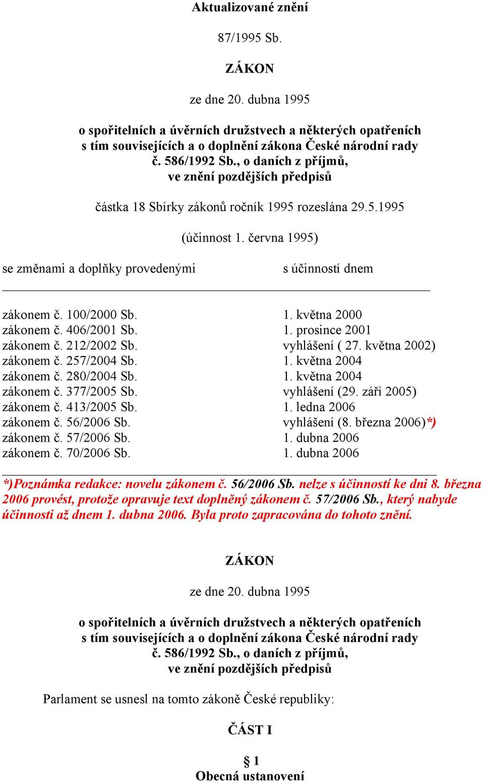 100/2000 Sb. 1. května 2000 zákonem č. 406/2001 Sb. 1. prosince 2001 zákonem č. 212/2002 Sb. vyhlášení ( 27. května 2002) zákonem č. 257/2004 Sb. 1. května 2004 zákonem č. 280/2004 Sb. 1. května 2004 zákonem č. 377/2005 Sb.