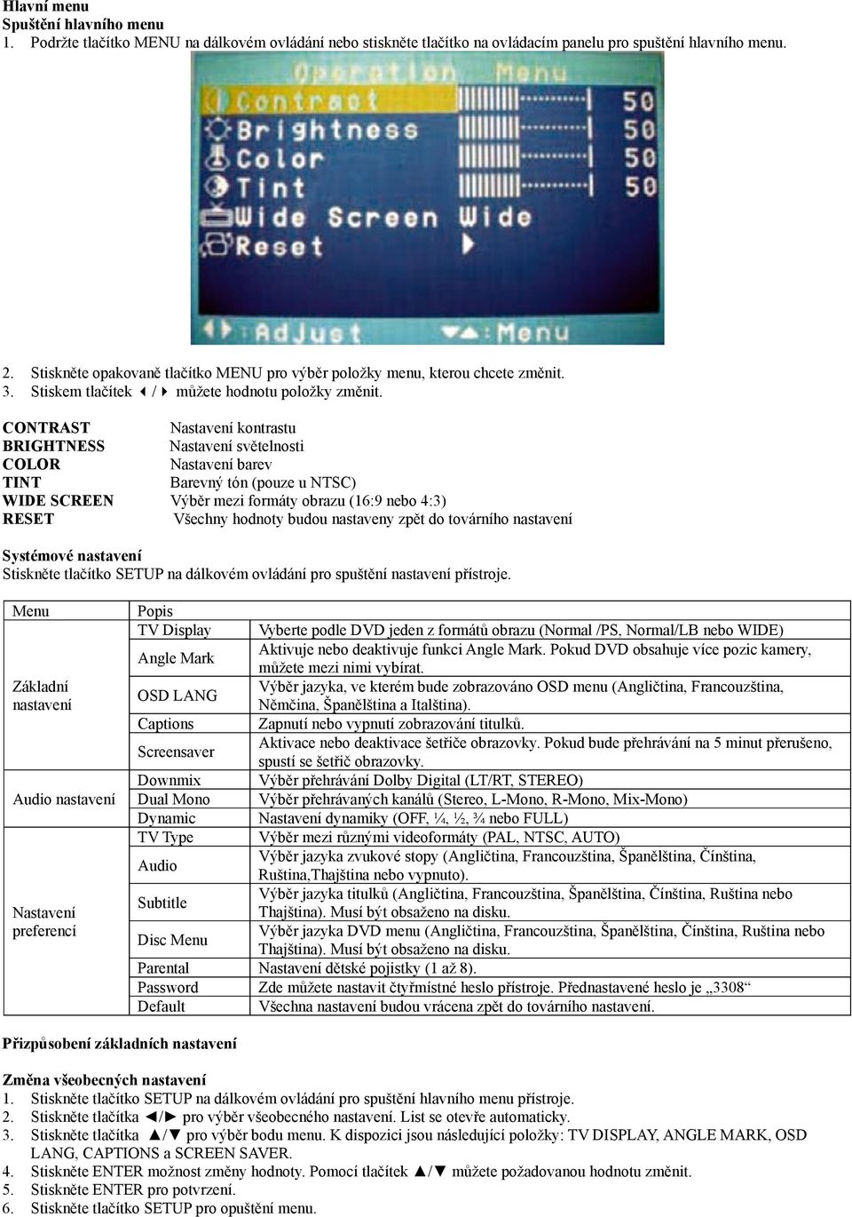 CONTRAST Nastavení kontrastu BRIGHTNESS Nastavení světelnosti COLOR Nastavení barev TINT Barevný tón (pouze u NTSC) WIDE SCREEN Výběr mezi formáty obrazu (16:9 nebo 4:3) RESET Všechny hodnoty budou