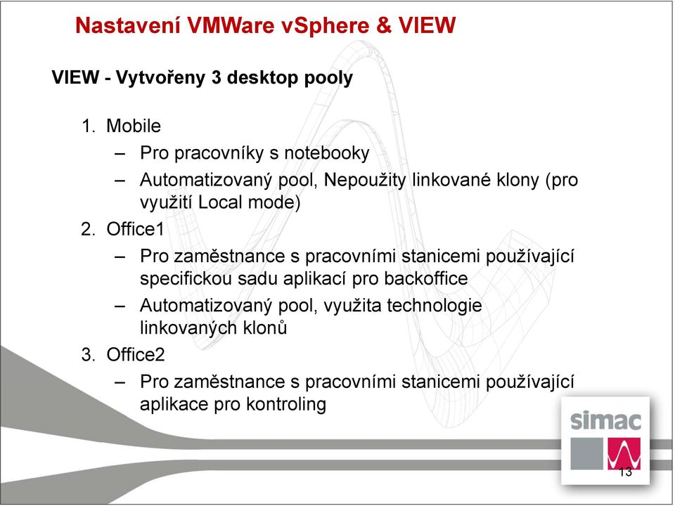 2. Office1 Pro zaměstnance s pracovními stanicemi používající specifickou sadu aplikací pro backoffice