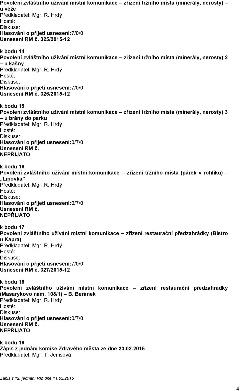 komunikace zřízení tržního místa (párek v rohlíku) Lipovka k bodu 17 Povolení zvláštního užívání místní komunikace zřízení restaurační předzahrádky (Bistro u Kapra) 327/2015-12 k bodu 18 Povolení