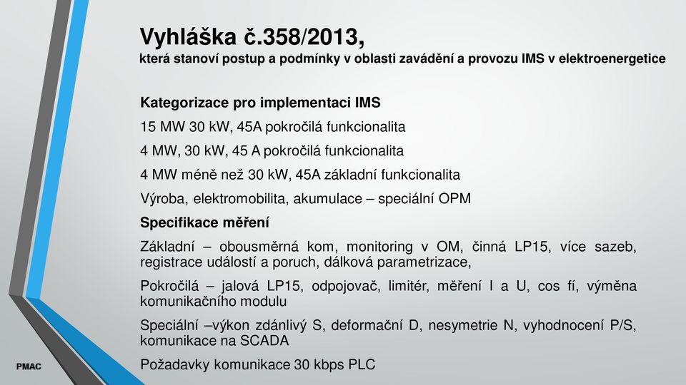 funkcionalita 4 MW, 30 kw, 45 A pokro ilá funkcionalita 4 MW mén než 30 kw, 45A základní funkcionalita Výroba, elektromobilita, akumulace speciální OPM Specifikace m