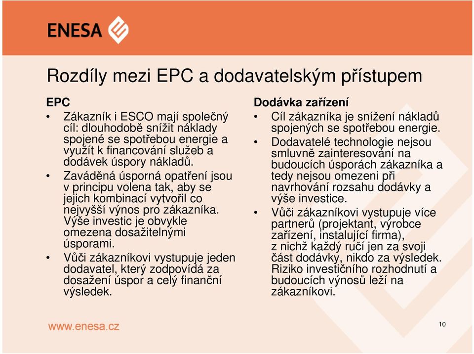 Vůči zákazníkovi vystupuje jeden dodavatel, který zodpovídá za dosažení úspor a celý finanční výsledek. Dodávka zařízení Cíl zákazníka je snížení nákladů spojených se spotřebou energie.